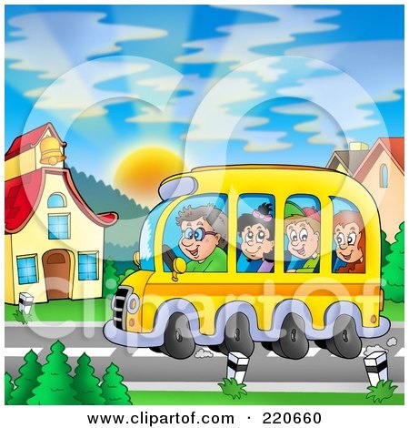 Royalty-Free (RF) Clipart Illustration of a Bus Of Of Happy School Children Arriving At School by visekart