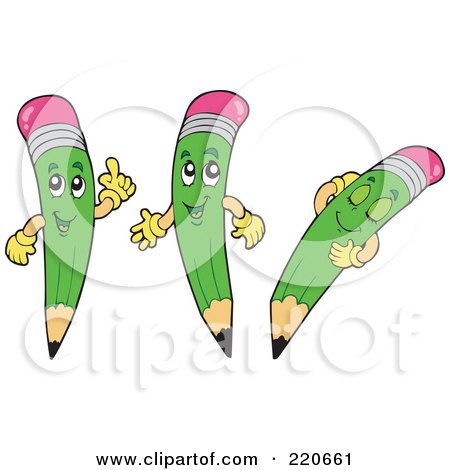 Royalty-Free (RF) Clipart Illustration of a Digital Collage Of Green Pencil Characters In Different Poses by visekart