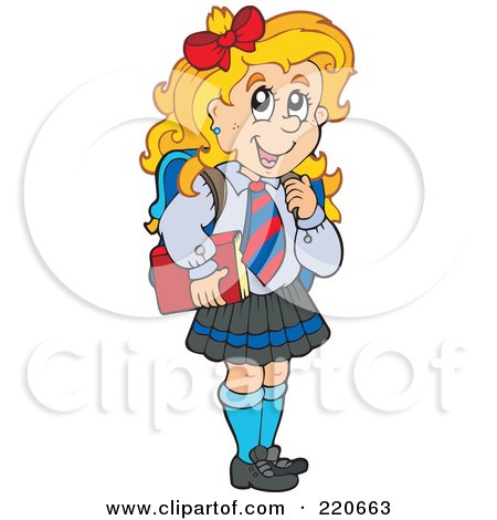 Royalty-Free (RF) Clipart Illustration of a Brunette Scool Girl Smiling And Carrying A Book by visekart