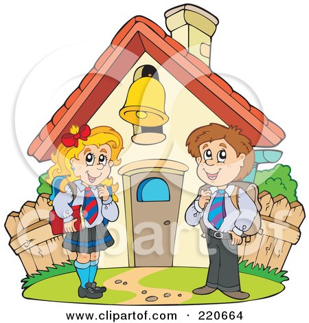 Royalty-Free (RF) Clipart Illustration of a School Boy And Girl Standing In Front Of A School House With A Ringing Bell by visekart