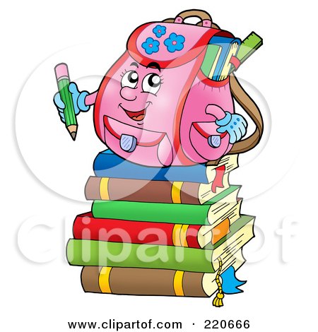 Royalty-Free (RF) Clipart Illustration of a Pink Backpack Character On A Stack Of Books by visekart