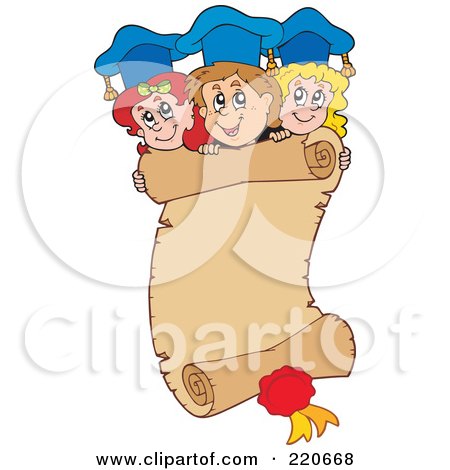 Royalty-Free (RF) Clipart Illustration of a Group Of Graduates Above A Parchment Scroll by visekart