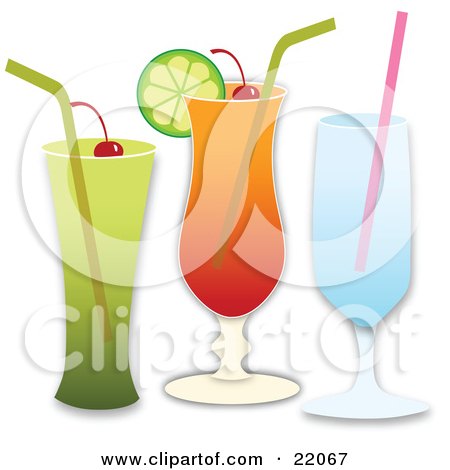 Clipart Illustration Picture of Three Different Cocktail Beverages With Alcohol, Cherries, Straws And Lime, Over A White Background by OnFocusMedia