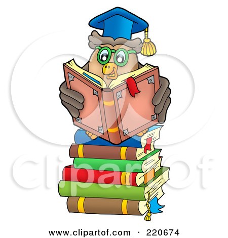 Royalty-Free (RF) Clipart Illustration of An Owl Professor Reading A Book On A Stack Of Books by visekart