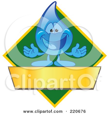Royalty-Free (RF) Clipart Illustration of a Blue Water Droplet Character Logo With A Green Diamond And A Blank Gold Banner by Mascot Junction