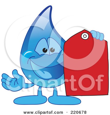 Royalty-Free (RF) Clipart Illustration of a Blue Water Droplet Character Holding A Red Price Tag by Mascot Junction