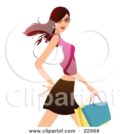 Confident Young Brunette Caucasian Woman In Shades, A Tank Top And Skirt, Carrying Shopping Bags And A Purse On Her Arm Posters, Art Prints