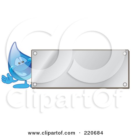 Royalty-Free (RF) Clipart Illustration of a Blue Water Droplet Character By A Blank Silver Plaque by Mascot Junction