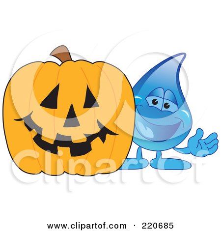 Royalty-Free (RF) Clipart Illustration of a Blue Water Droplet Character With A Halloween Pumpkin by Mascot Junction