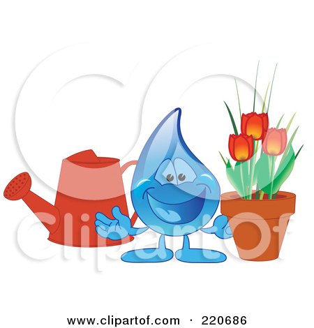 Royalty-Free (RF) Clipart Illustration of a Blue Water Droplet Character With A Watering Can And Tulips by Mascot Junction