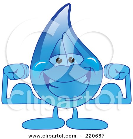 Royalty-Free (RF) Clipart Illustration of a Blue Water Droplet Character Flexing by Mascot Junction