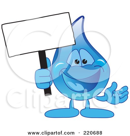 Royalty-Free (RF) Clipart Illustration of a Blue Water Droplet Character Holding A Blank Sign Post by Mascot Junction