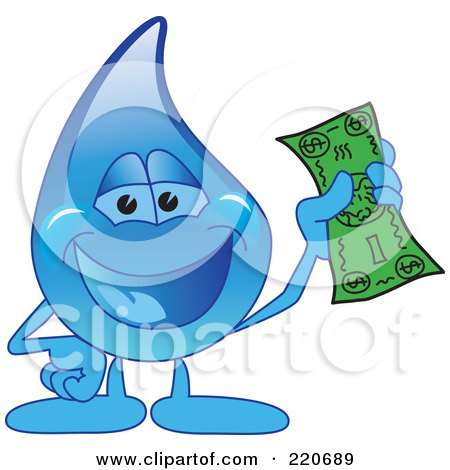 Royalty-Free (RF) Clipart Illustration of a Blue Water Droplet Character Holding Cash by Mascot Junction