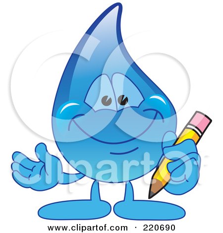 Royalty-Free (RF) Clipart Illustration of a Blue Water Droplet Character Holding A Pencil by Mascot Junction