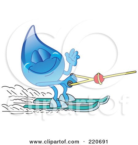 Royalty-Free (RF) Clipart Illustration of a Blue Water Droplet Character Waving And Water Skiing by Mascot Junction