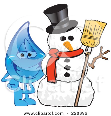 Royalty-Free (RF) Clipart Illustration of a Blue Water Droplet Character With A Snowman by Mascot Junction