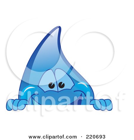 Royalty-Free (RF) Clipart Illustration of a Blue Water Droplet Character Looking Over A Blank Sign by Mascot Junction