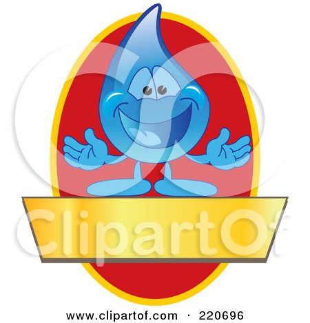 Royalty-Free (RF) Clipart Illustration of a Blue Water Droplet Character Logo With A Red Oval And A Blank Gold Banner by Mascot Junction