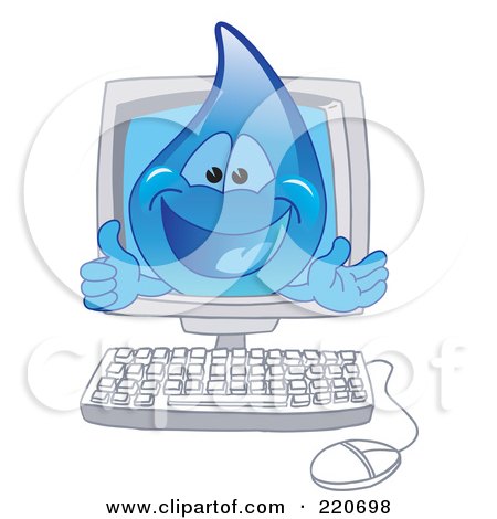 Royalty-Free (RF) Clipart Illustration of a Blue Water Droplet Character On A Computer Screen by Mascot Junction