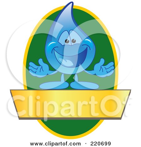 Royalty-Free (RF) Clipart Illustration of a Blue Water Droplet Character Logo With A Green Oval And A Blank Gold Banner by Mascot Junction