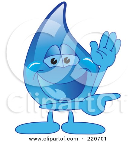 Royalty-Free (RF) Clipart Illustration of a Blue Water Droplet Character Waving And Pointing by Mascot Junction