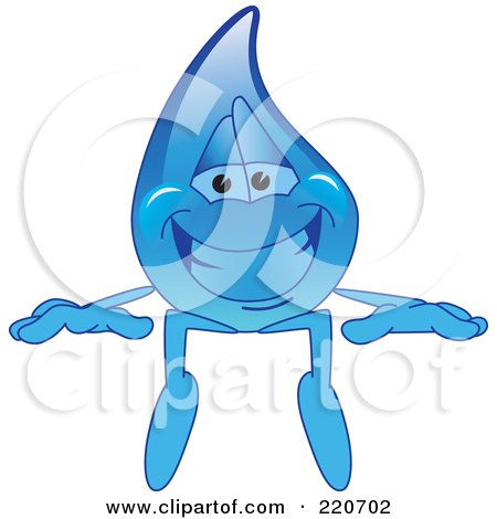 Royalty-Free (RF) Clipart Illustration of a Blue Water Droplet Character Sitting On A Blank Sign by Mascot Junction