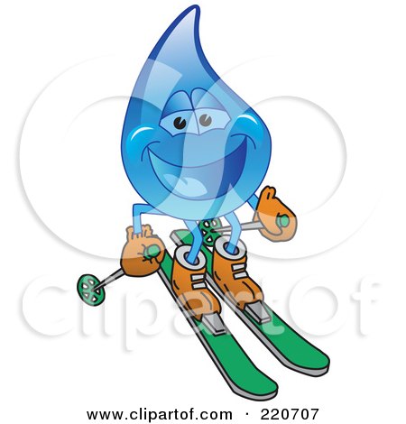 Royalty-Free (RF) Clipart Illustration of a Blue Water Droplet Character Skiing by Mascot Junction