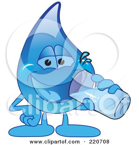 Royalty-Free (RF) Clipart Illustration of a Blue Water Droplet Character Drinking A Glass Of Water by Mascot Junction
