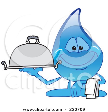 Royalty-Free (RF) Clipart Illustration of a Blue Water Droplet Character Carrying A Food Platter by Mascot Junction