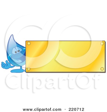 Royalty-Free (RF) Clipart Illustration of a Blue Water Droplet Character By A Blank Gold Plaque by Mascot Junction