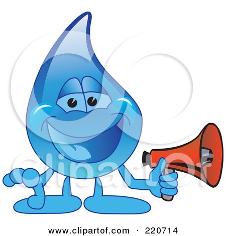Royalty-Free (RF) Clipart Illustration of a Blue Water Droplet Character Holding A Megaphone by Mascot Junction
