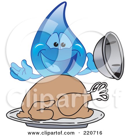 Royalty-Free (RF) Clipart Illustration of a Blue Water Droplet Character Serving A Thanksgiving Turkey by Mascot Junction