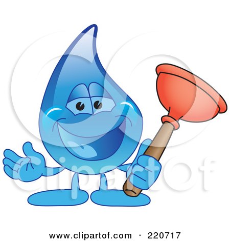 Royalty-Free (RF) Clipart Illustration of a Blue Water Droplet Character Holding A Toilet Plunger by Mascot Junction