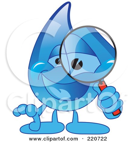 Royalty-Free (RF) Clipart Illustration of a Blue Water Droplet Character Using A Magnifying Glass by Mascot Junction