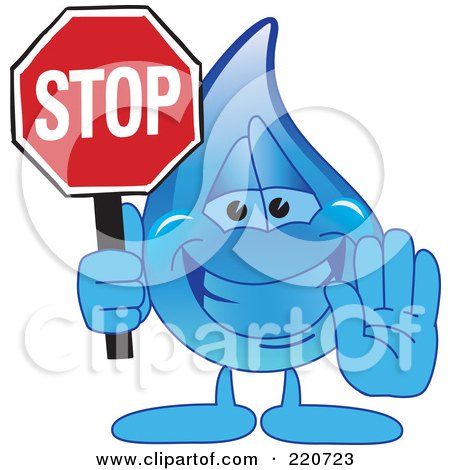 Royalty-Free (RF) Clipart Illustration of a Blue Water Droplet Character Holding A Stop Sign by Mascot Junction
