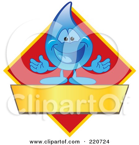Royalty-Free (RF) Clipart Illustration of a Blue Water Droplet Character Logo With A Red Diamond And A Blank Gold Banner by Mascot Junction