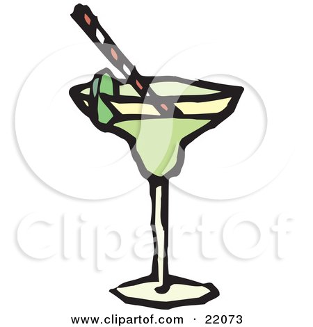 Clipart Picture of a Green Cocktail Glass With A Straw And Slice Of Lime by Steve Klinkel