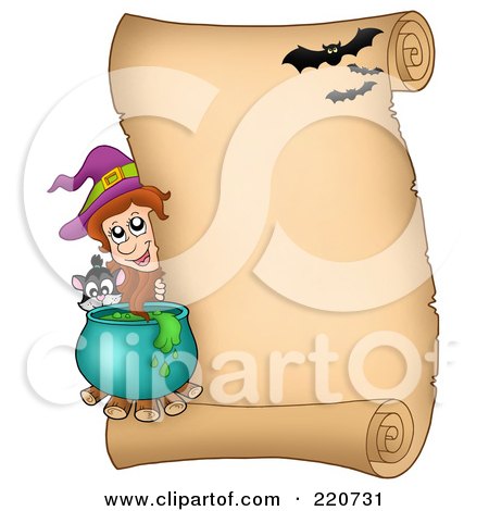 Royalty-Free (RF) Clipart Illustration of a Halloween Witch Looking Around A Parchment Scroll With A Cauldron And Cat by visekart