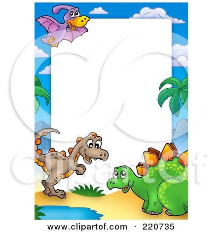 Royalty-Free (RF) Clipart Illustration of a Border Of Three Cute Dinosaurs Around White Space by visekart