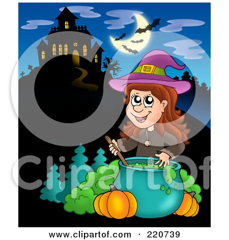 Royalty-Free (RF) Clipart Illustration of a Witch Stirring Liquid In A Cauldron Near A Haunted House With Bats In The Sky by visekart