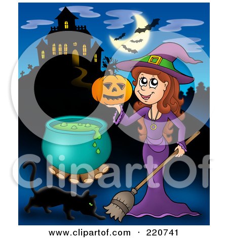 Royalty-Free (RF) Clipart Illustration of a Witch Holding A Pumpkin Near A Haunted House With Bats In The Sky by visekart