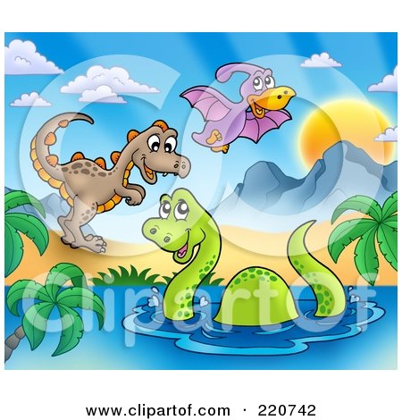 Royalty-Free (RF) Clipart Illustration of Three Cute Dinosaurs In A Prehistoric Landscape by visekart