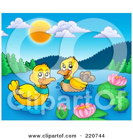 Royalty-Free (RF) Clipart Illustration of a Pair Of Happy Ducks Swimming In A Mountainous Lake by visekart