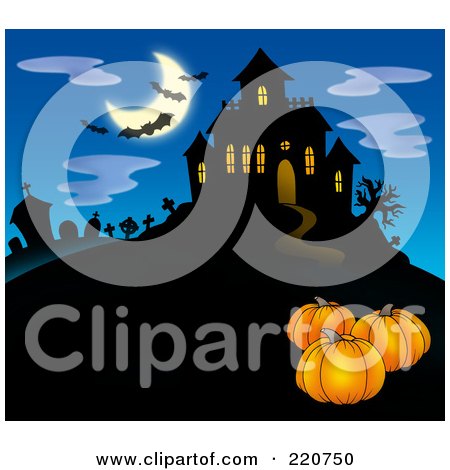 Royalty-Free (RF) Clipart Illustration of Three Pumpkins Near A Haunted House With Bats In The Sky by visekart