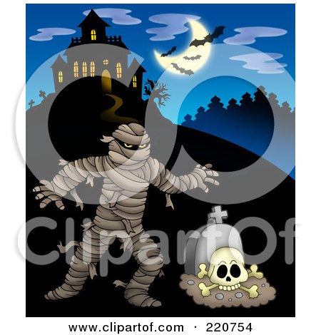 Royalty-Free (RF) Clipart Illustration of a Mummy And Tombstone Near A Haunted House With Bats In The Sky by visekart