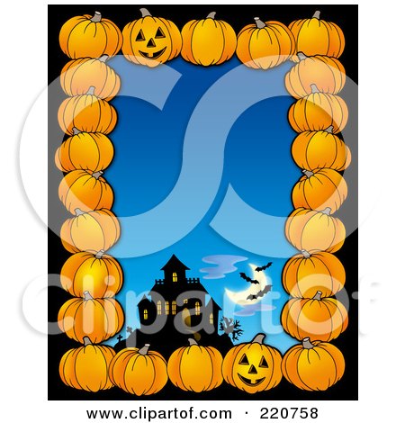 Royalty-Free (RF) Clipart Illustration of a Halloween Border Of Pumpkins, A Haunted House And Bats Over Blue by visekart