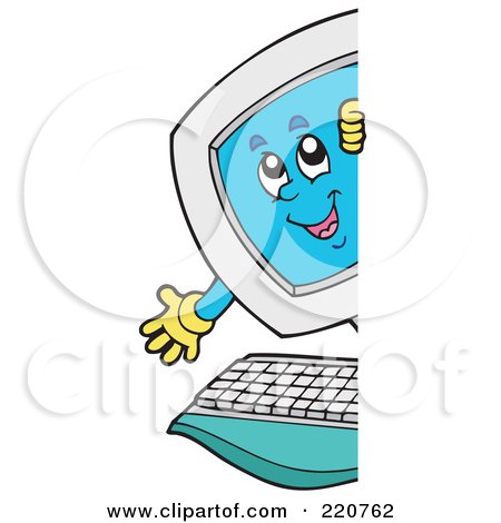 Royalty-Free (RF) Clipart Illustration of a Happy Computer Character Looking And Smiling Around A Blank Sign by visekart