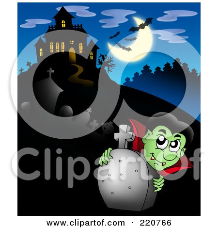 Royalty-Free (RF) Clipart Illustration of a Vampire Looking Over A Tombstone Near A Haunted House With Bats In The Sky by visekart