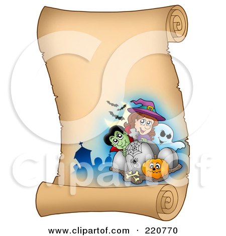 Royalty-Free (RF) Clipart Illustration of a Halloween Witch, Vampire, Ghost And Pumpkin On A Parchment Scroll by visekart