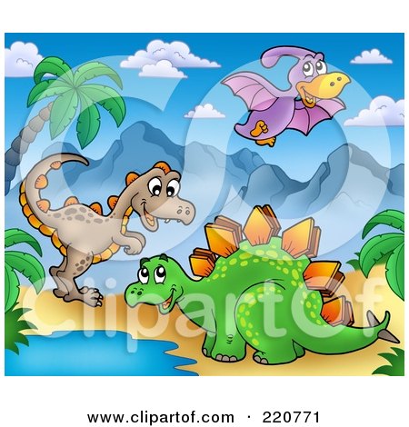 Royalty-Free (RF) Clipart Illustration of Three Cute Dinos In A Prehistoric Landscape by visekart